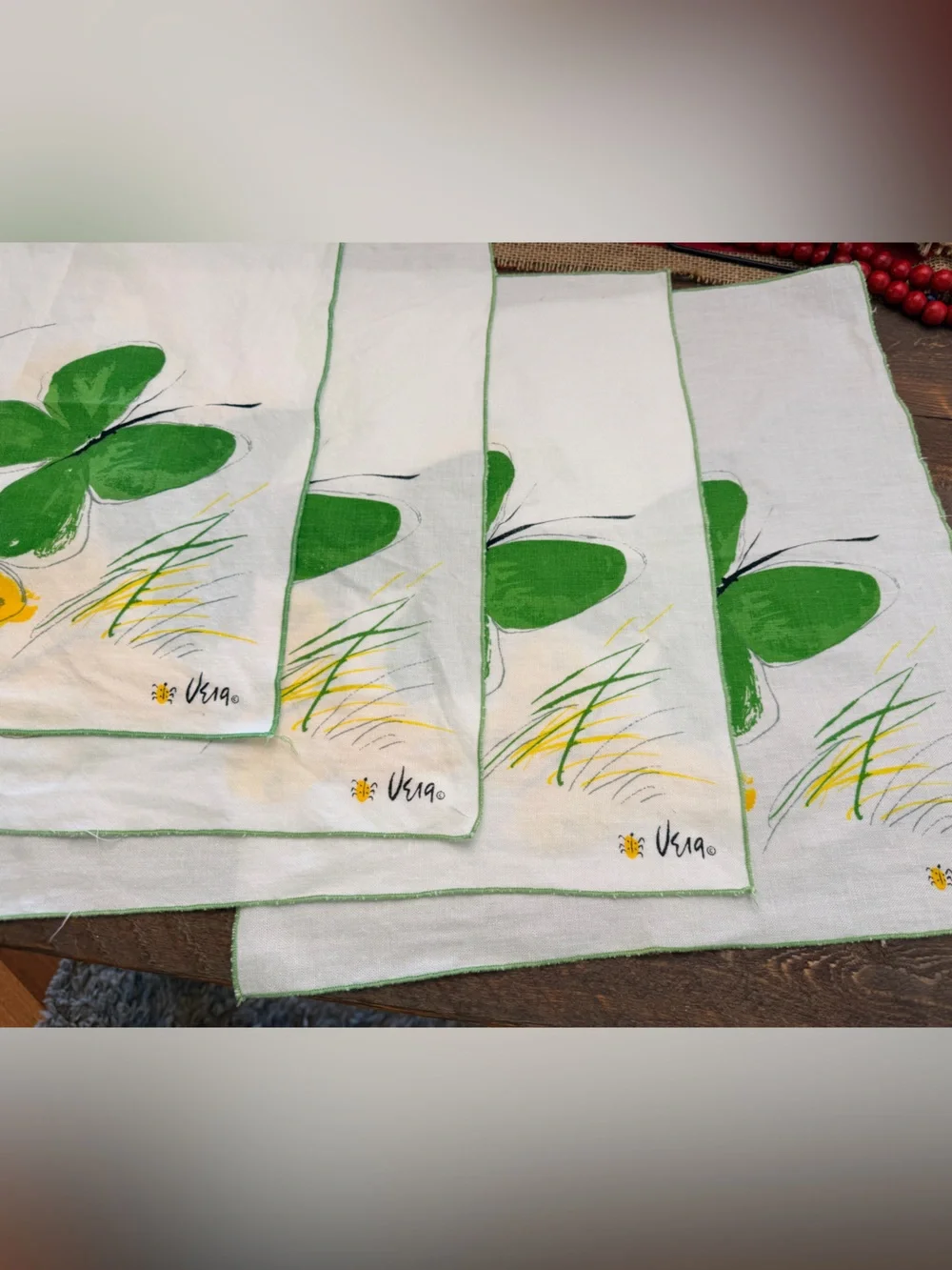 Vintage 60’s-70’s Vera Neumann Butterfly Cloth Napkins Yellow Green MCM Set of 6